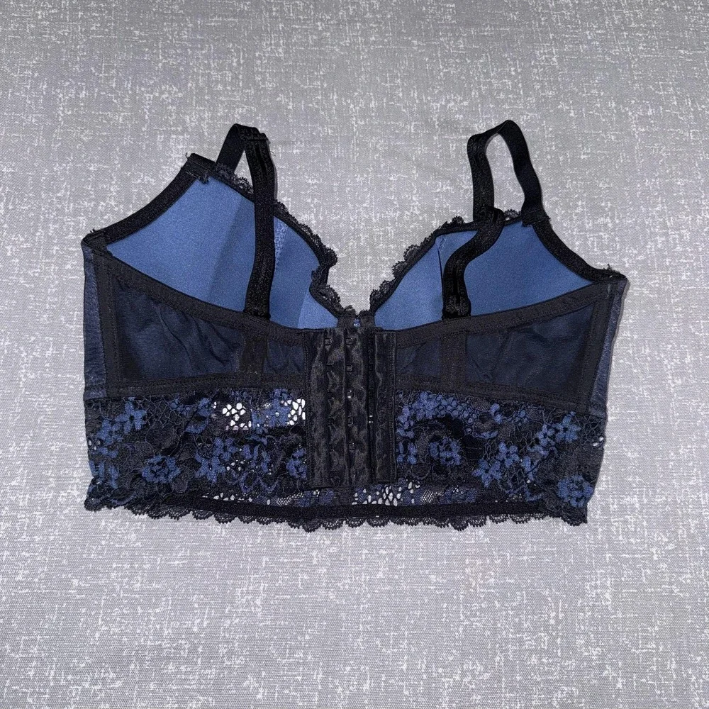 Adore Me Bra Womens 34DDD Blue Lace Longline Underwire Padded Molded Floral